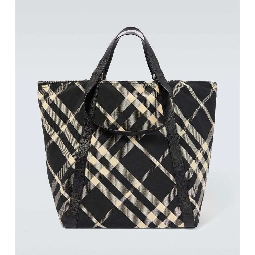 BURBERRY Field Large Check Tote Bag Black Cream Canvas Leather Trim $2290